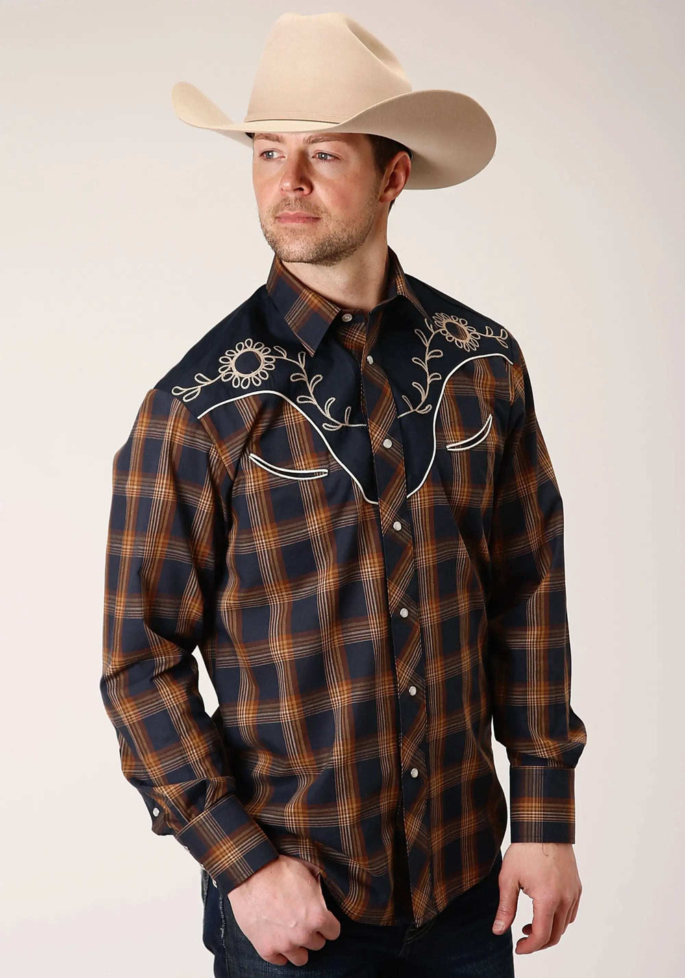 Roper Mens Long Sleeve Snap Navy And Brown Plaid Western Shirt - Roper - Flyclothing LLC