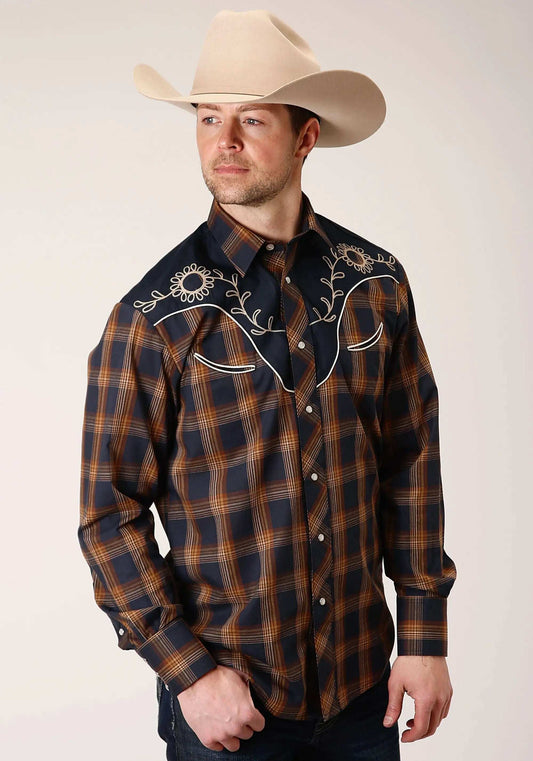 Roper Mens Long Sleeve Snap Navy And Brown Plaid Western Shirt - Roper - Flyclothing LLC
