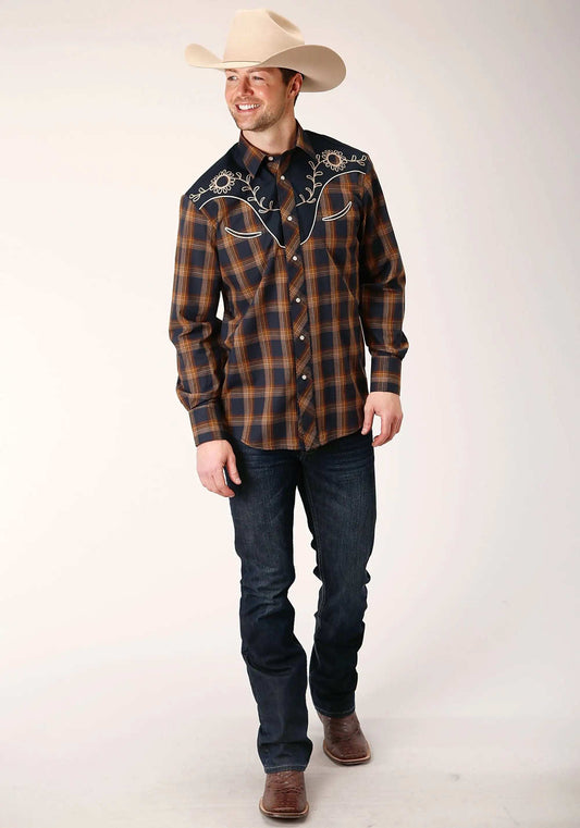 Roper Mens Long Sleeve Snap Navy And Brown Plaid Western Shirt - Roper - Flyclothing LLC