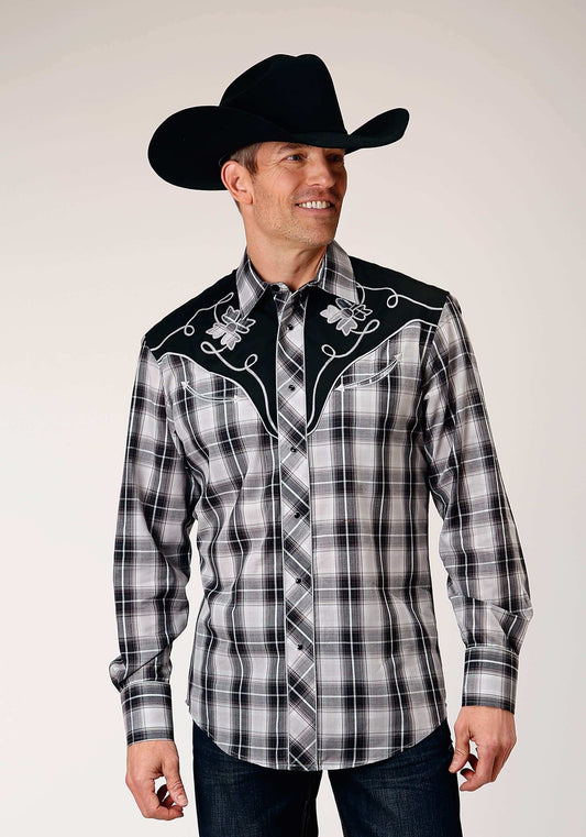 Roper Mens Long Sleeve Snap Black Aqua Grey Plaid Western Shirt With Piping And Applique On Yokes - Roper - Flyclothing LLC