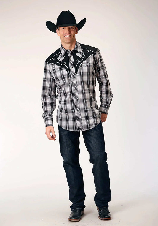 Roper Mens Long Sleeve Snap Black Aqua Grey Plaid Western Shirt With Piping And Applique On Yokes - Roper - Flyclothing LLC