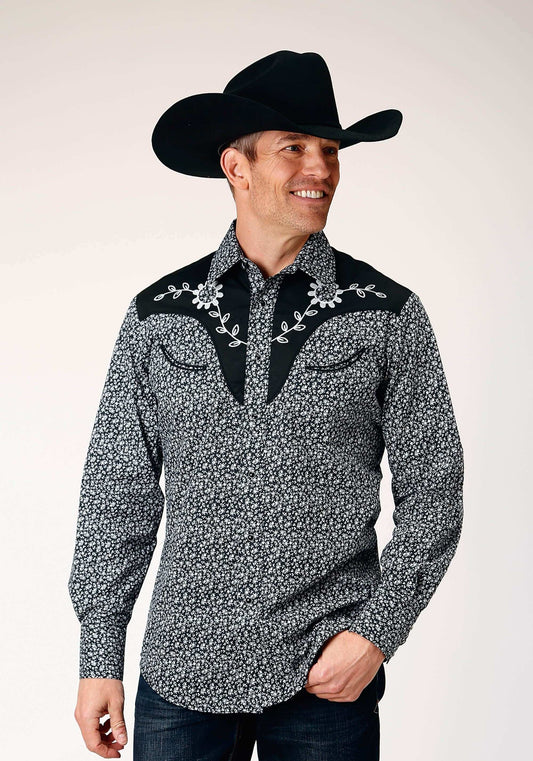 Roper Mens Long Sleeve Snap Black White Floral Print Western Shirt With Piping And Applique On Yokes - Roper - Flyclothing LLC