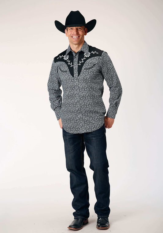 Roper Mens Long Sleeve Snap Black White Floral Print Western Shirt With Piping And Applique On Yokes - Roper - Flyclothing LLC
