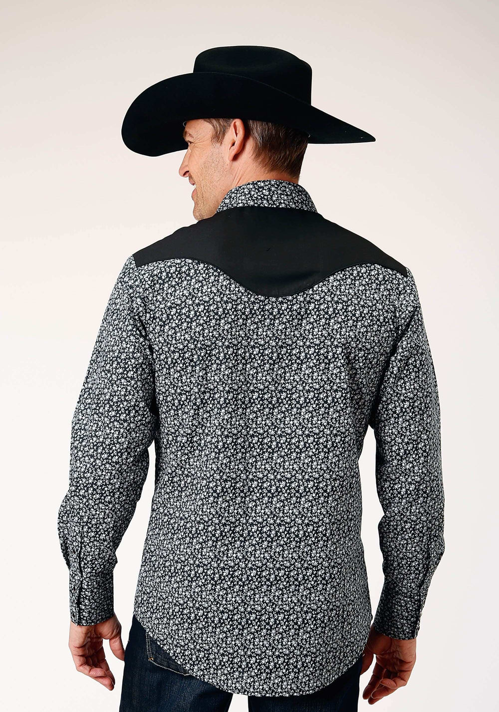 Roper Mens Long Sleeve Snap Black White Floral Print Western Shirt With Piping And Applique On Yokes - Roper - Flyclothing LLC