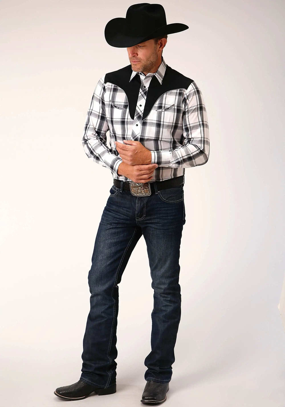 Roper Mens Long Sleeve Snap White Black Grey Plaid Western Shirt With Piping Contrast Yokes And Applique - Roper - Flyclothing LLC