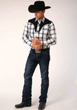 Roper Mens Long Sleeve Snap White Black Grey Plaid Western Shirt With Piping Contrast Yokes And Applique - Roper - Flyclothing LLC