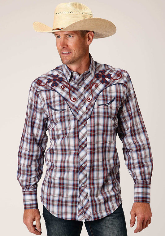 Roper Mens Long Sleeve Snap Wine Navy And White Plaid Western Shirt - Roper - Flyclothing LLC