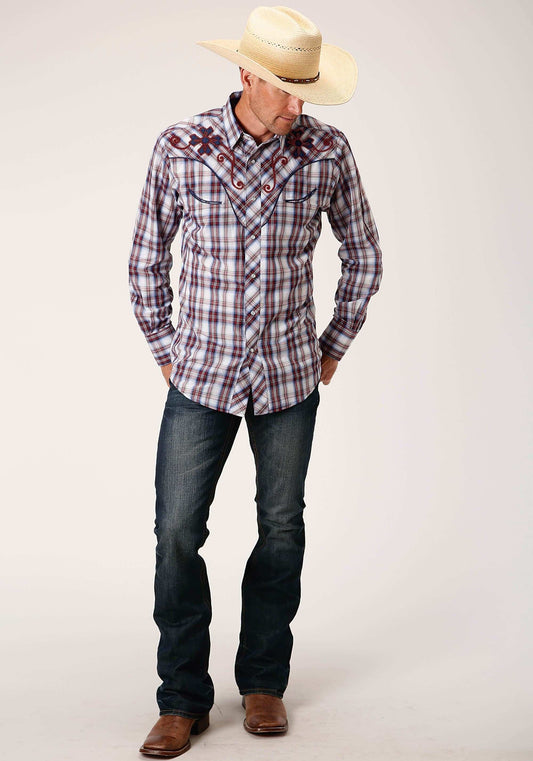 Roper Mens Long Sleeve Snap Wine Navy And White Plaid Western Shirt - Roper - Flyclothing LLC