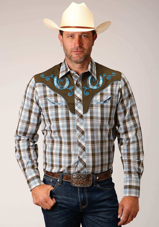 Roper Mens Long Sleeve Snap Brown Blue And White Plaid Western Shirt - Roper - Flyclothing LLC