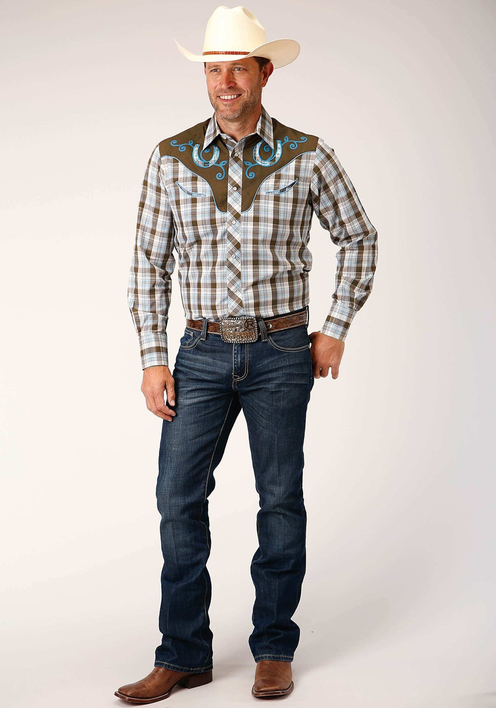 Roper Mens Long Sleeve Snap Brown Blue And White Plaid Western Shirt - Roper - Flyclothing LLC