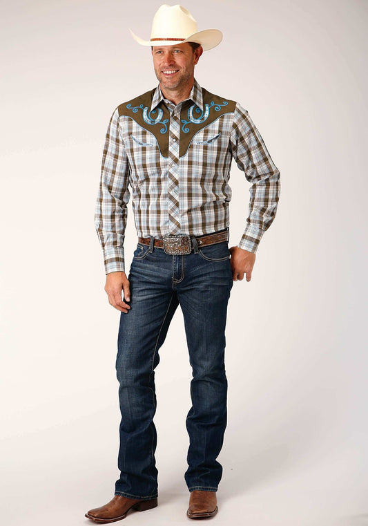 Roper Mens Long Sleeve Snap Brown Blue And White Plaid Western Shirt - Roper - Flyclothing LLC