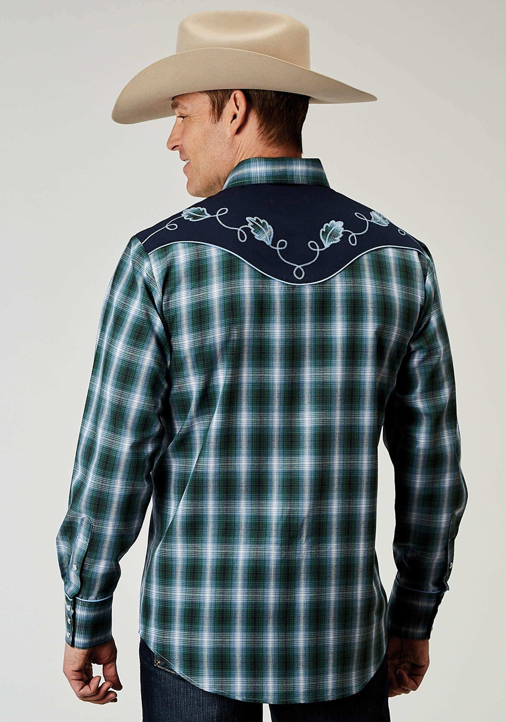 Roper Mens Long Sleeve Snap Ocean Plaid Western Shirt With Fancy Curved Yokes Applique On Back Yoke - Roper - Flyclothing LLC