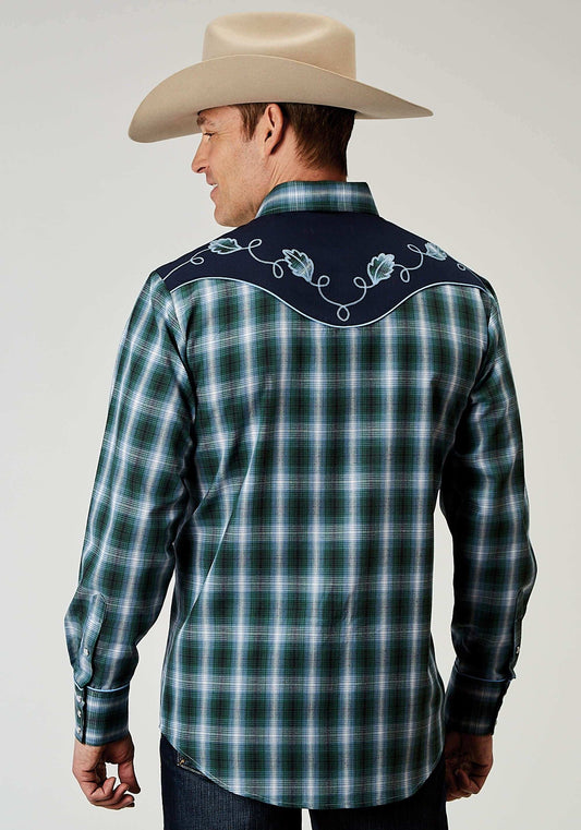 Roper Mens Long Sleeve Snap Ocean Plaid Western Shirt With Fancy Curved Yokes Applique On Back Yoke - Roper - Flyclothing LLC