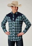 Roper Mens Long Sleeve Snap Ocean Plaid Western Shirt With Fancy Curved Yokes Applique On Back Yoke - Roper - Flyclothing LLC