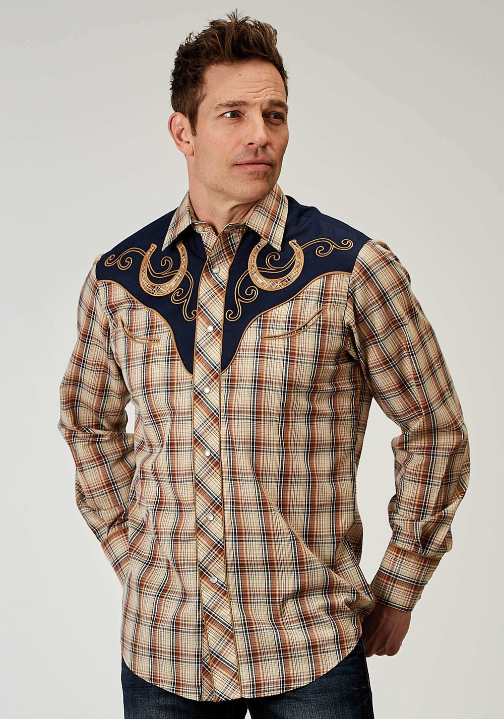 Roper Mens Long Sleeve Snap Brown Plaid Western Shirt With Fancy Curved Yokes Applique On Front Yoke - Roper - Flyclothing LLC