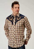 Roper Mens Long Sleeve Snap Brown Plaid Western Shirt With Fancy Curved Yokes Applique On Front Yoke - Roper - Flyclothing LLC