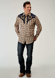 Roper Mens Long Sleeve Snap Brown Plaid Western Shirt With Fancy Curved Yokes Applique On Front Yoke - Roper - Flyclothing LLC