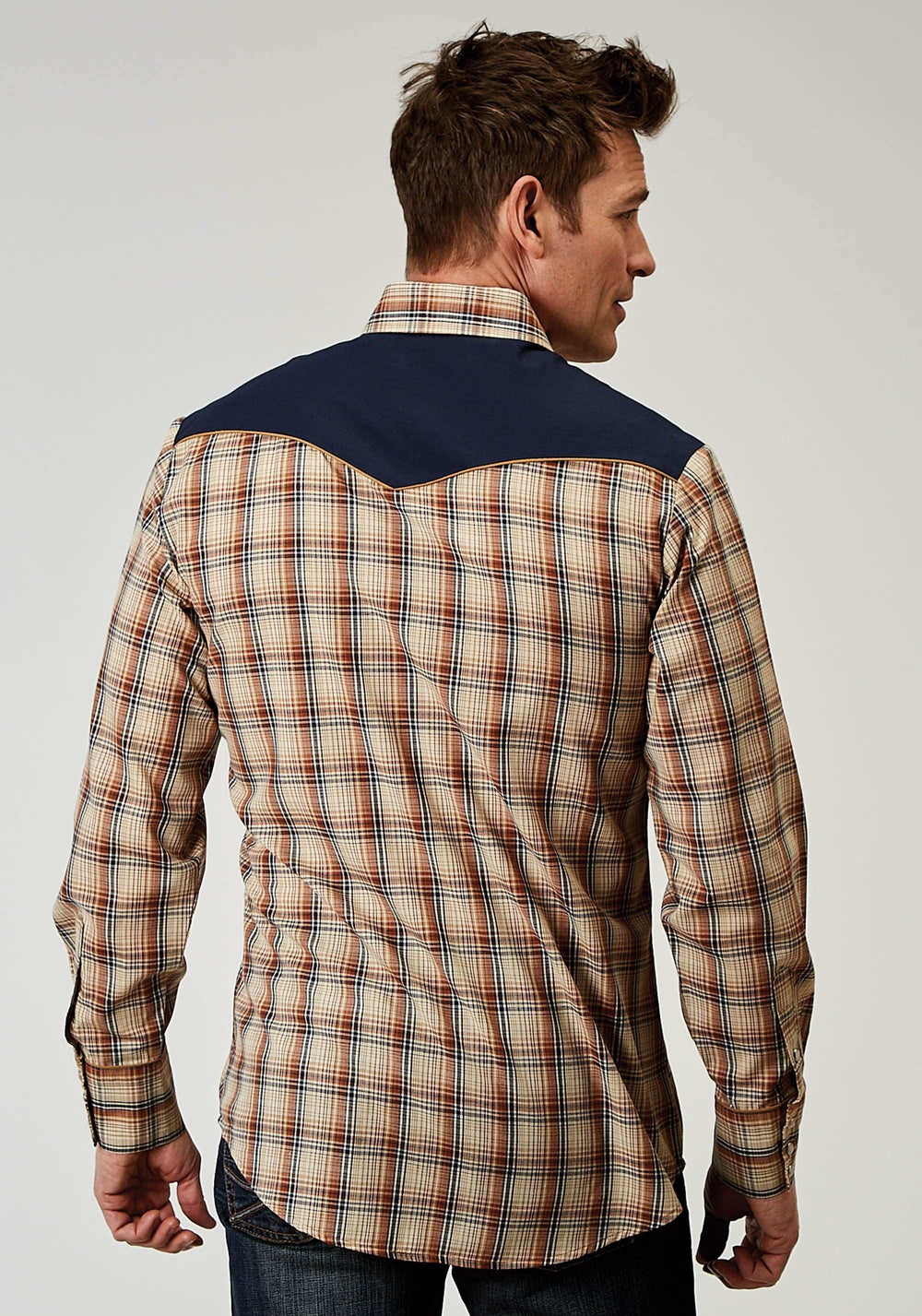 Roper Mens Long Sleeve Snap Brown Plaid Western Shirt With Fancy Curved Yokes Applique On Front Yoke - Roper - Flyclothing LLC