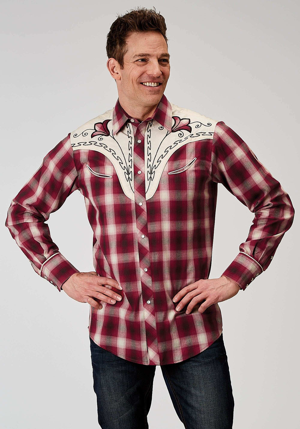 Roper Mens Long Sleeve Snap Red Plaid Western Shirt With Fancy Curved Yokes Applique On Front Yoke - Roper - Flyclothing LLC
