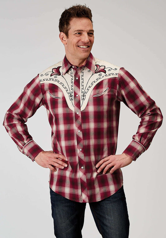 Roper Mens Long Sleeve Snap Red Plaid Western Shirt With Fancy Curved Yokes Applique On Front Yoke - Roper - Flyclothing LLC