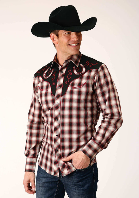 Roper Mens Long Sleeve Snap Wine Black Cream Plaid Western Shirt With Piping And Applique On Yokes - Roper - Flyclothing LLC