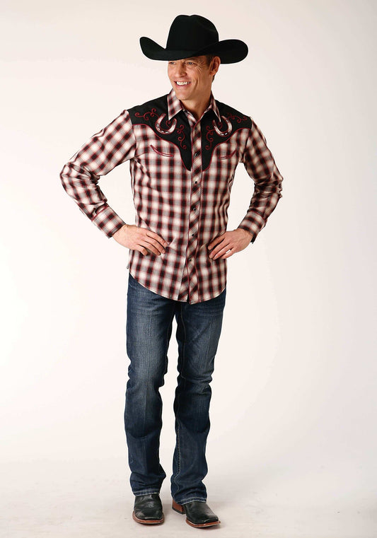 Roper Mens Long Sleeve Snap Wine Black Cream Plaid Western Shirt With Piping And Applique On Yokes - Roper - Flyclothing LLC