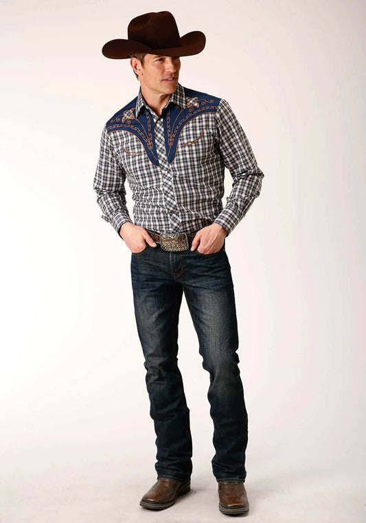 Roper Mens Long Sleeve Snap Navy Cream Tan Small Scale Plaid Western Shirt With Piping And Applique On Yokes - Roper - Flyclothing LLC