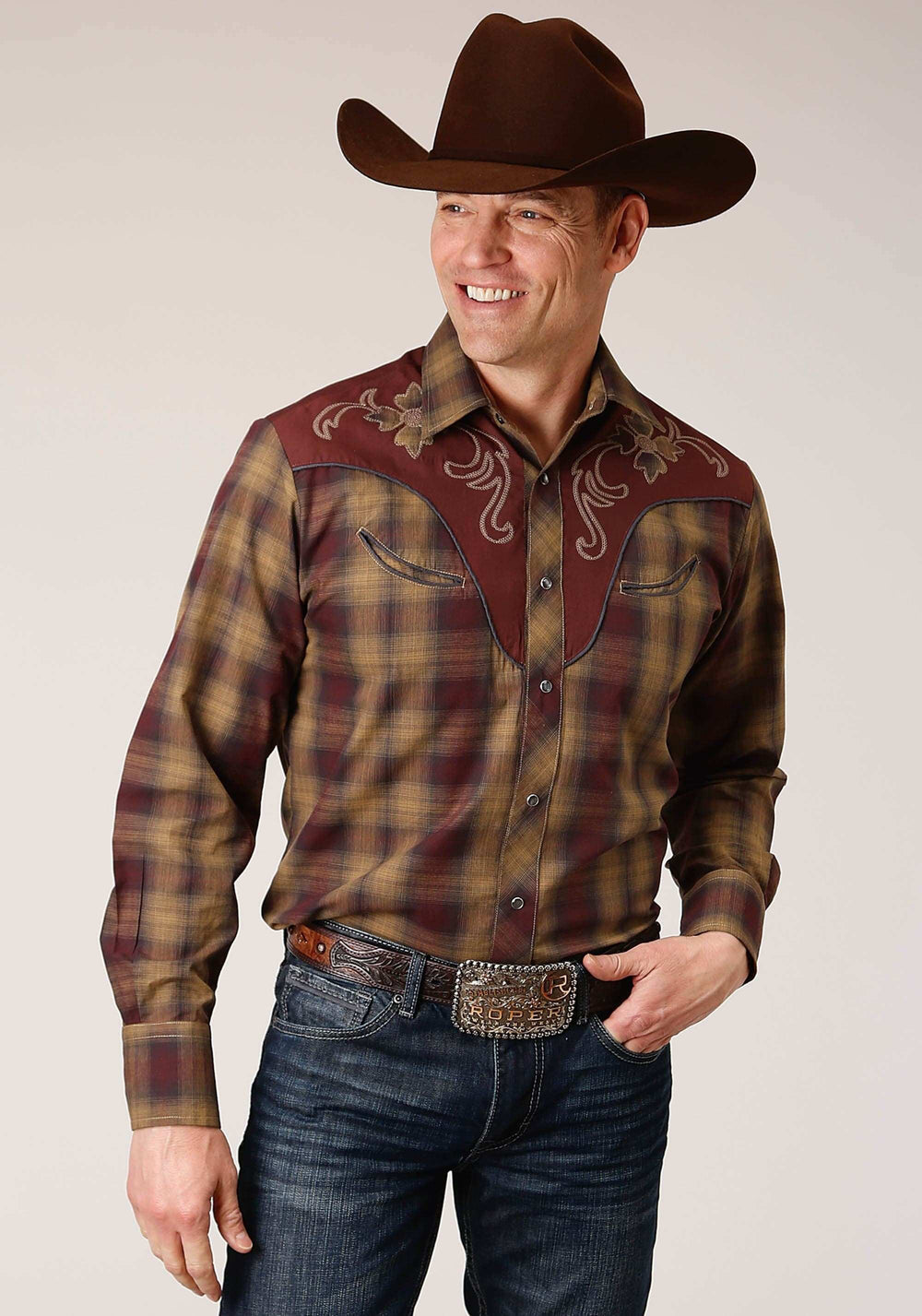 Roper Mens Long Sleeve Snap Caramel And Grey Plaid Western Shirt - Roper - Flyclothing LLC