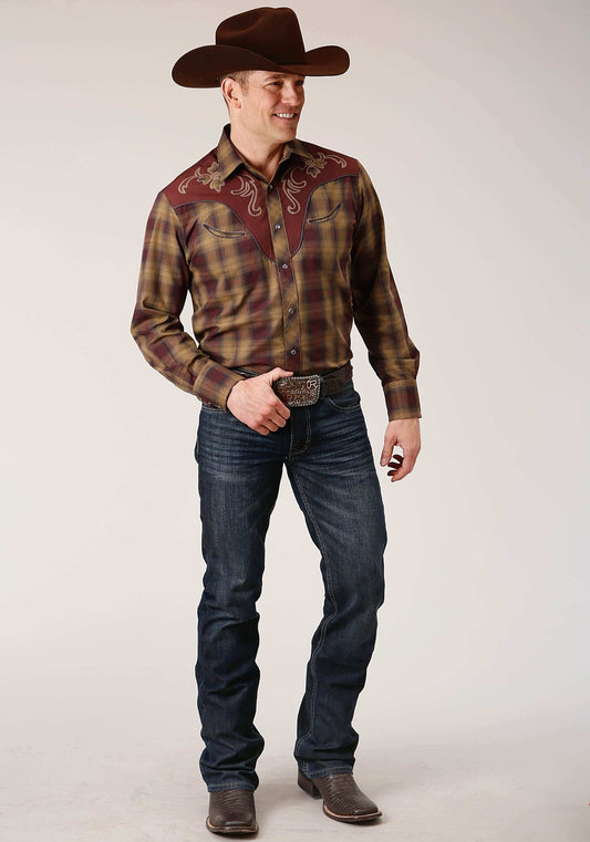 Roper Mens Long Sleeve Snap Caramel And Grey Plaid Western Shirt - Roper - Flyclothing LLC