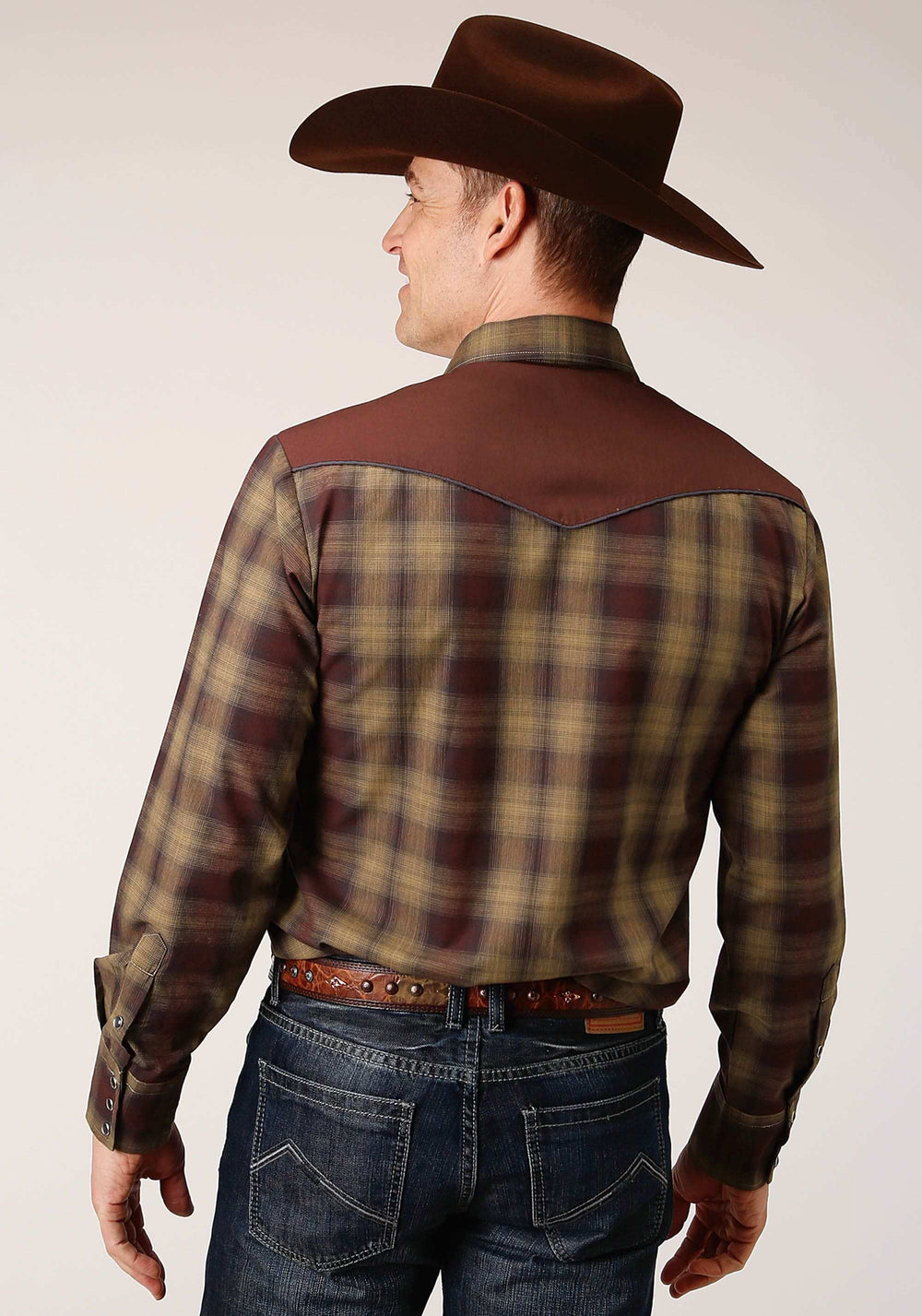Roper Mens Long Sleeve Snap Caramel And Grey Plaid Western Shirt - Roper - Flyclothing LLC