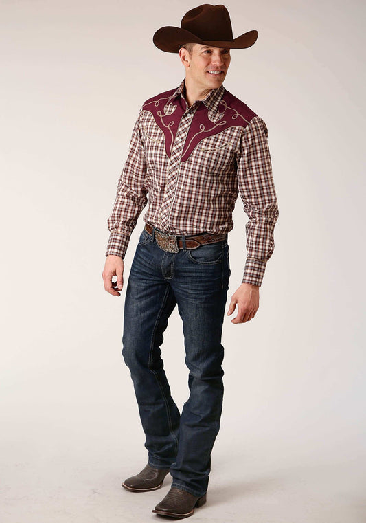 Roper Mens Long Sleeve Snap Wine Cream Tan Small Scale Plaid Western Shirt - Roper - Flyclothing LLC
