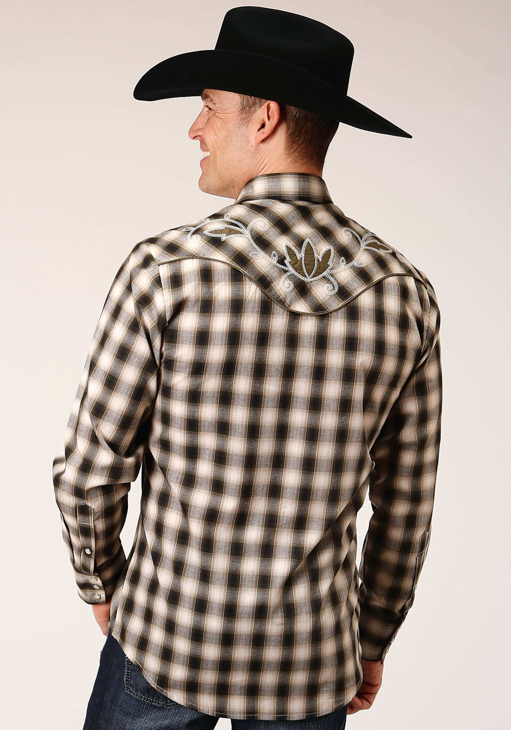Roper Mens Long Sleeve Snap Black Cream And Olive Plaid Western Shirt - Roper - Flyclothing LLC
