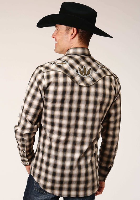 Roper Mens Long Sleeve Snap Black Cream And Olive Plaid Western Shirt - Roper - Flyclothing LLC