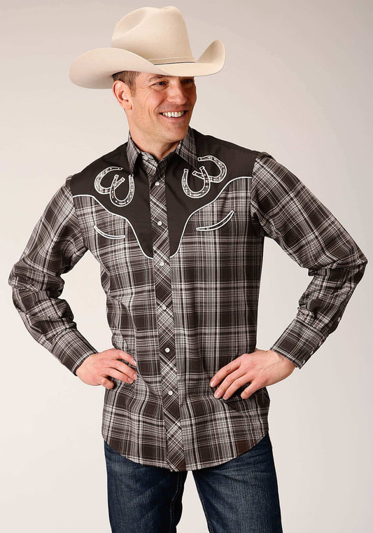 Roper Mens Long Sleeve Snap Chocolate And Cream Plaid Western Shirt - Roper - Flyclothing LLC