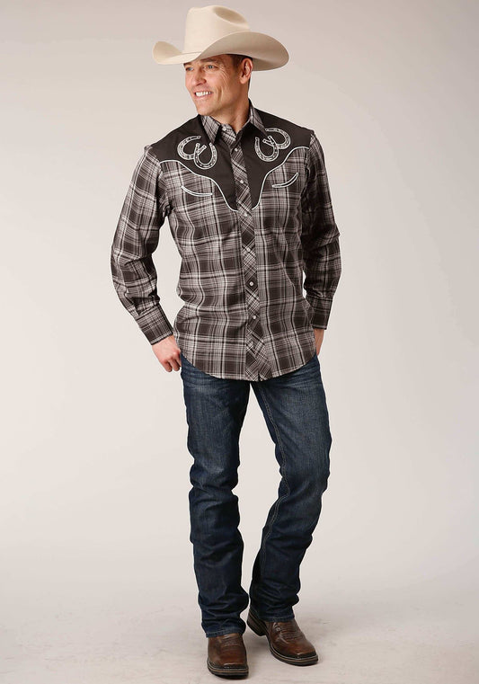 Roper Mens Long Sleeve Snap Chocolate And Cream Plaid Western Shirt - Roper - Flyclothing LLC