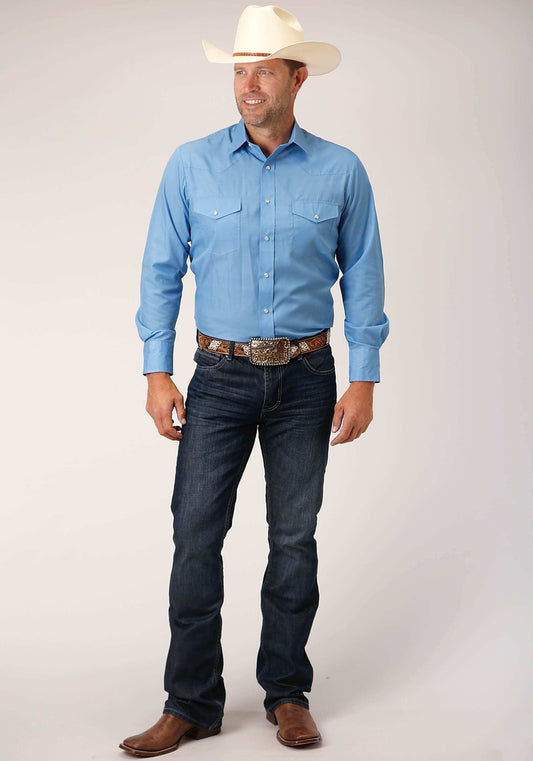 Roper Mens Long Sleeve Snap Solid Broadcloth Heritage Blue Western Shirt - Roper - Flyclothing LLC