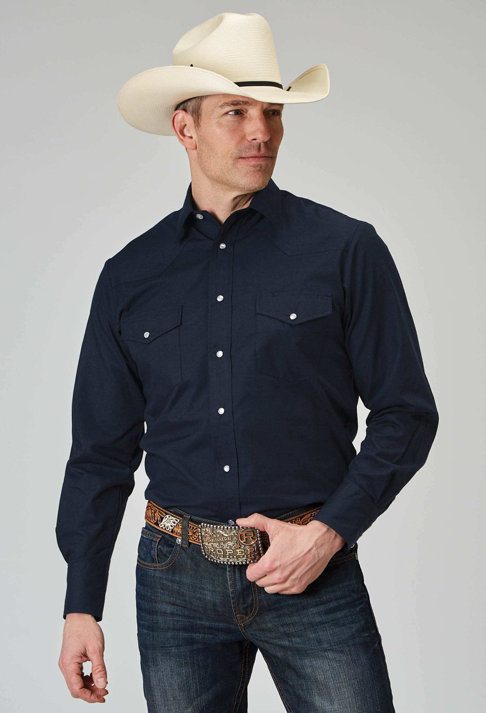 Roper Mens Long Sleeve Snap Solid Broadcloth Deep Navy Western Shirt - Roper - Flyclothing LLC