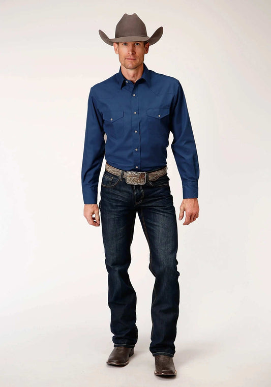 Roper Mens Long Sleeve Snap Solid Broadcloth Denim Blue Western Shirt - Roper - Flyclothing LLC