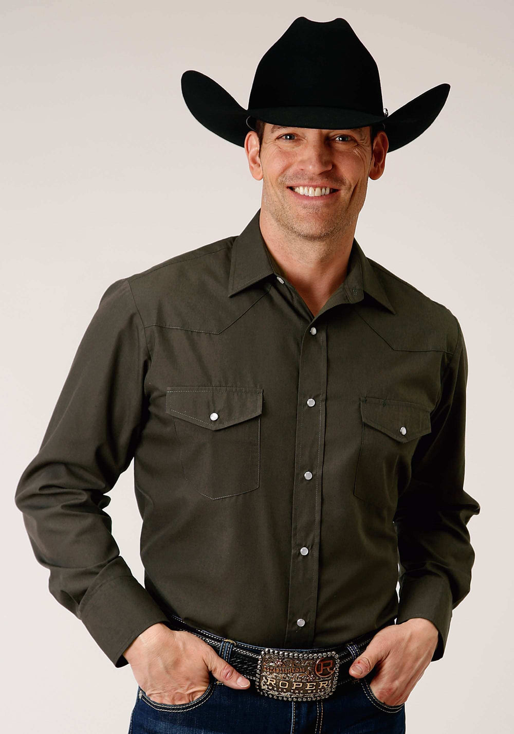 Roper Mens Long Sleeve Snap Solid Broadcloth Deep Olive Western Shirt - Roper - Flyclothing LLC