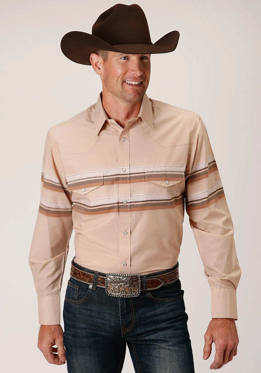 Roper Mens Long Sleeve Snap Tan And Brown Border Stripe Western Shirt - Roper - Flyclothing LLC