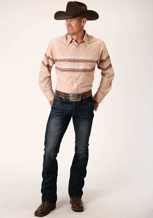 Roper Mens Long Sleeve Snap Tan And Brown Border Stripe Western Shirt - Roper - Flyclothing LLC