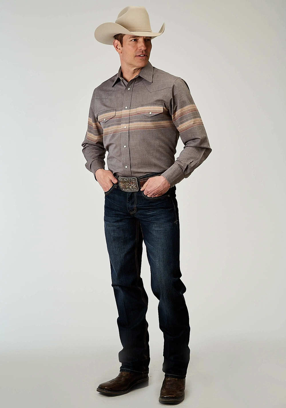 Roper Mens Long Sleeve Snap Border Stripe Western Shirt - Roper - Flyclothing LLC