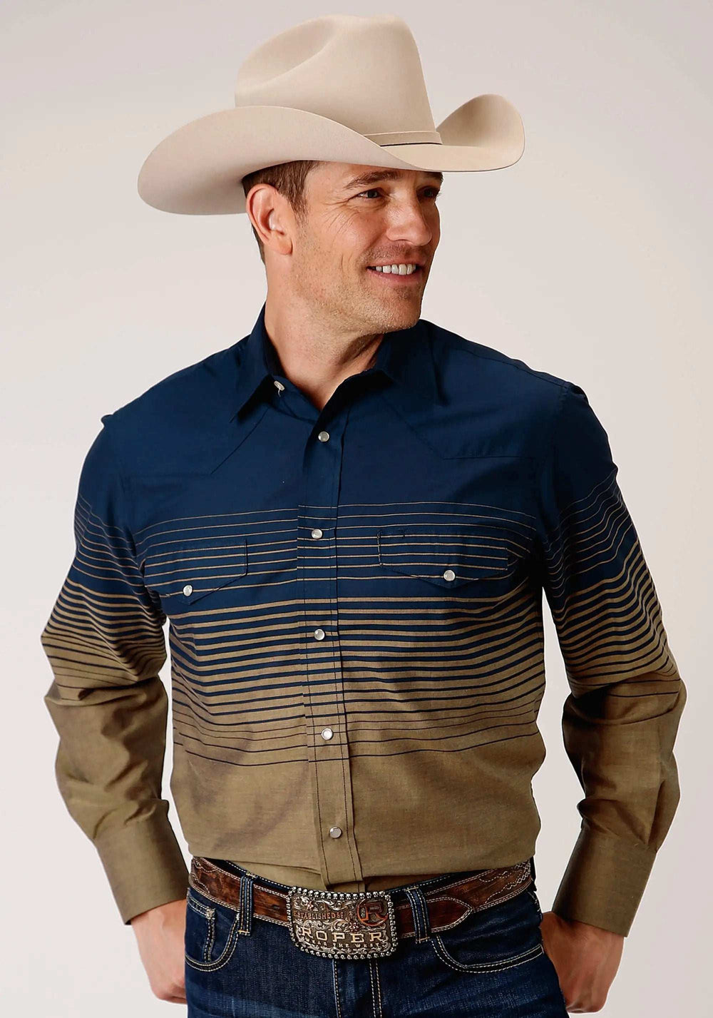 Roper Mens Long Sleeve Snap Navy And Khaki Border Stripe Western Shirt - Roper - Flyclothing LLC