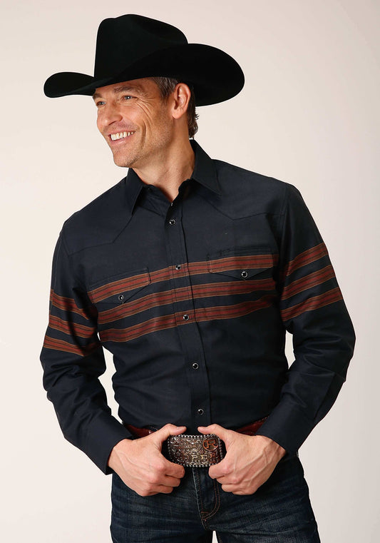 Roper Mens Long Sleeve Snap Black W Saddle Brown Border Stripe Western Shirt - Roper - Flyclothing LLC