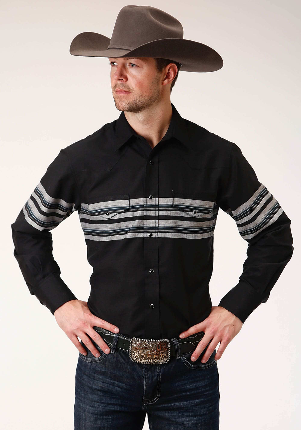 Roper Mens Long Sleeve Snap Black And Grey Border Stripe Western Shirt - Roper - Flyclothing LLC