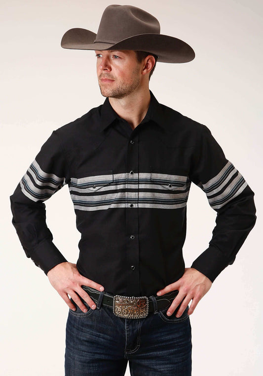 Roper Mens Long Sleeve Snap Black And Grey Border Stripe Western Shirt - Roper - Flyclothing LLC