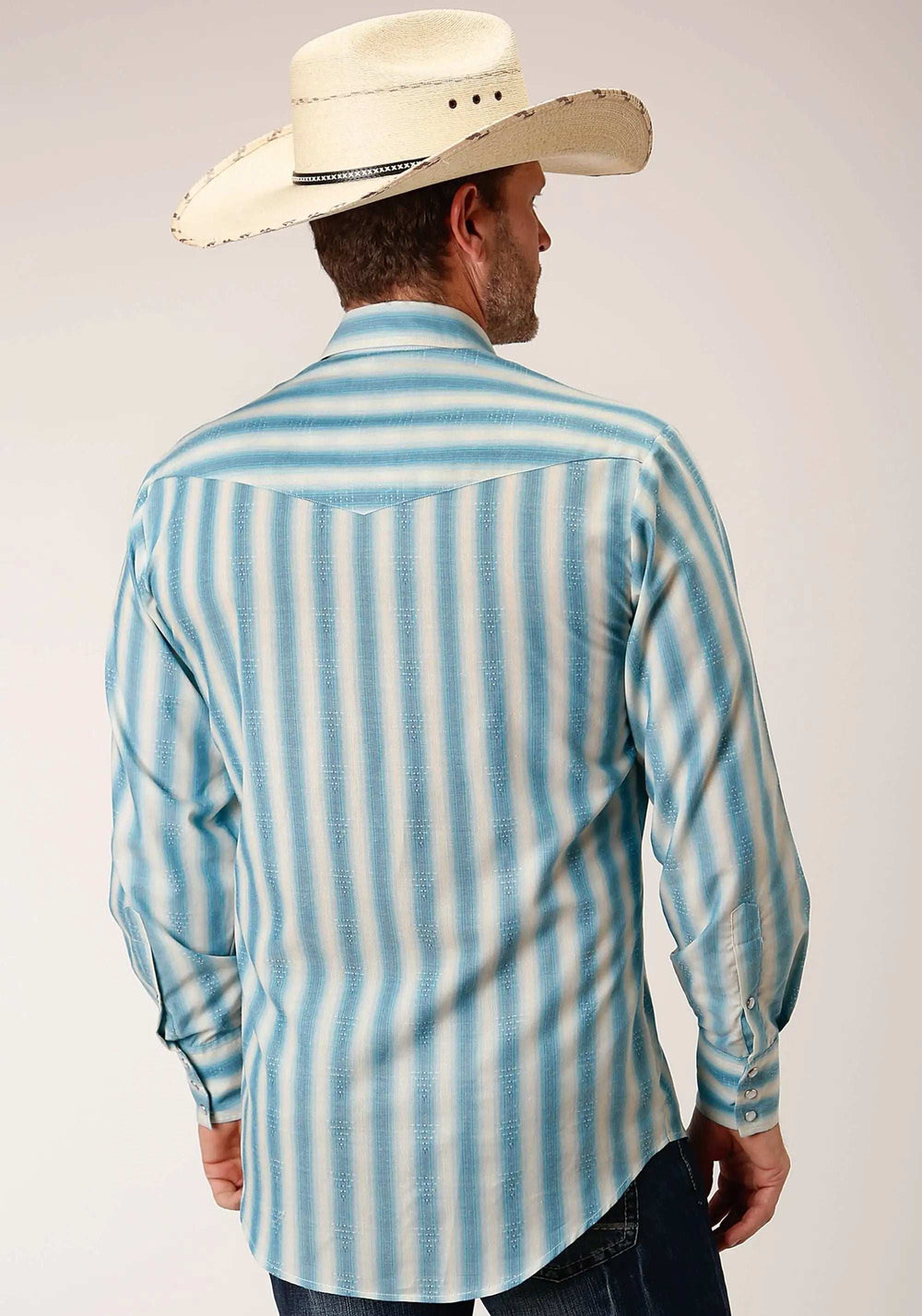 Roper Mens Long Sleeve Snap Aqua And Cream Ombre Stripe Western Shirt - Roper - Flyclothing LLC