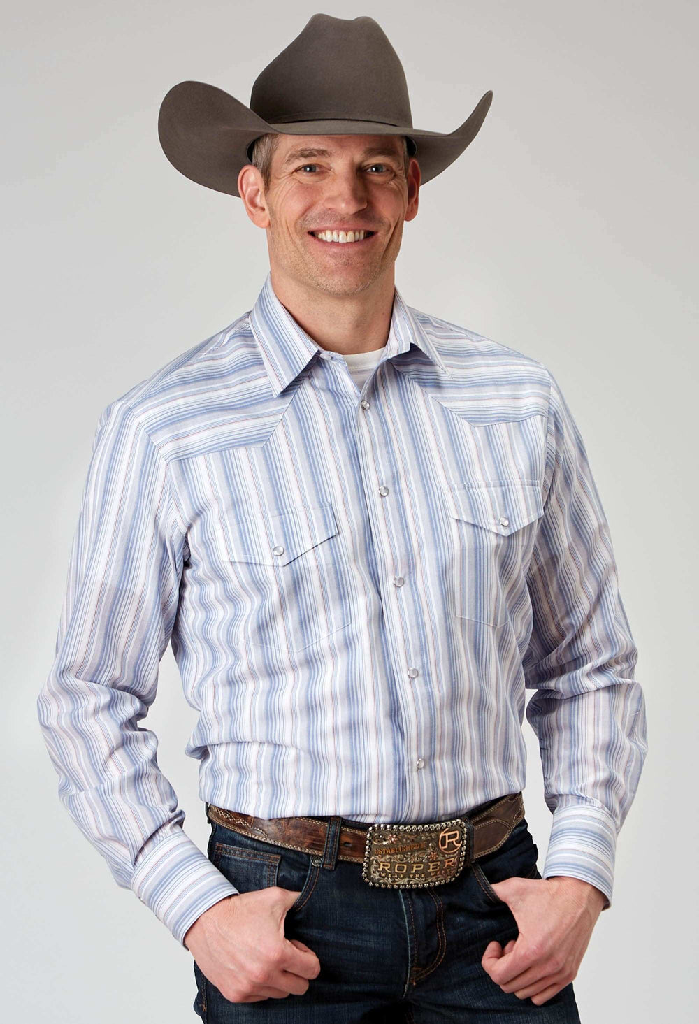 Roper Mens Long Sleeve Snap Blue Stripe Western Shirt - Roper - Flyclothing LLC
