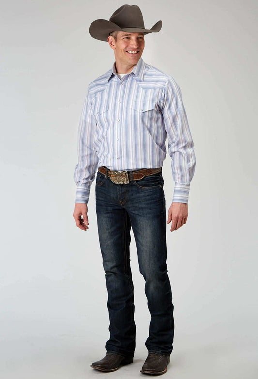Roper Mens Long Sleeve Snap Blue Stripe Western Shirt - Roper - Flyclothing LLC