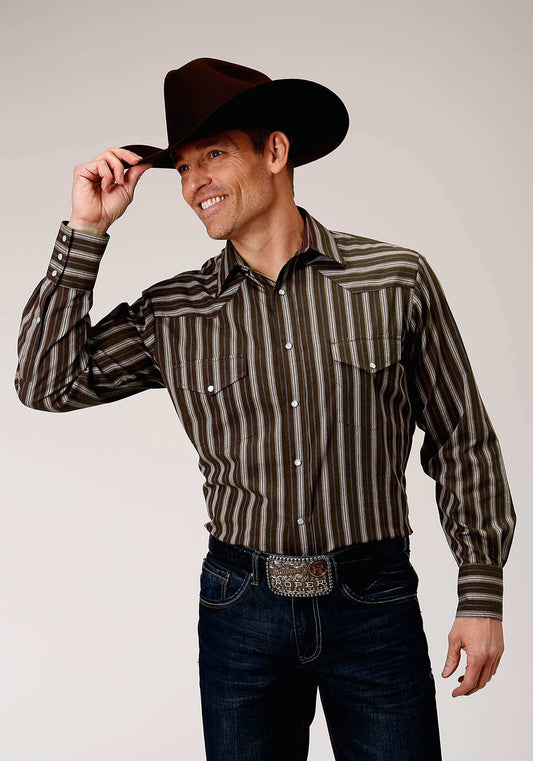 Roper Mens Long Sleeve Snap Chocolate Stripe Western Shirt - Roper - Flyclothing LLC